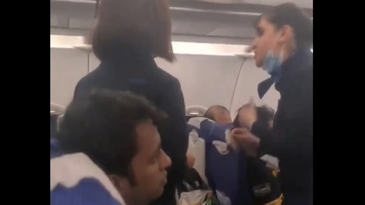 Der Flugbegleiter bespricht sich mit dem Passagier im Flugzeug.  „Ich bin nicht dein Diener“