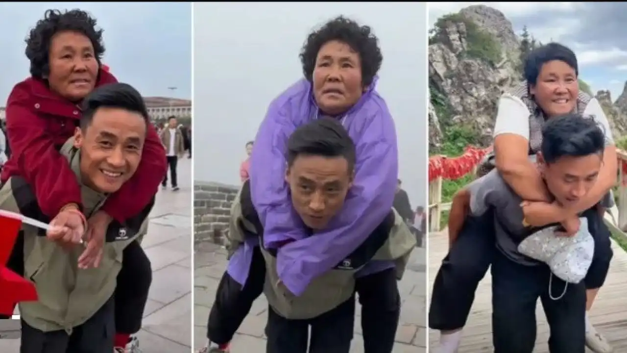 Homem carrega mãe paralisada às costas em 'última' viagem à China