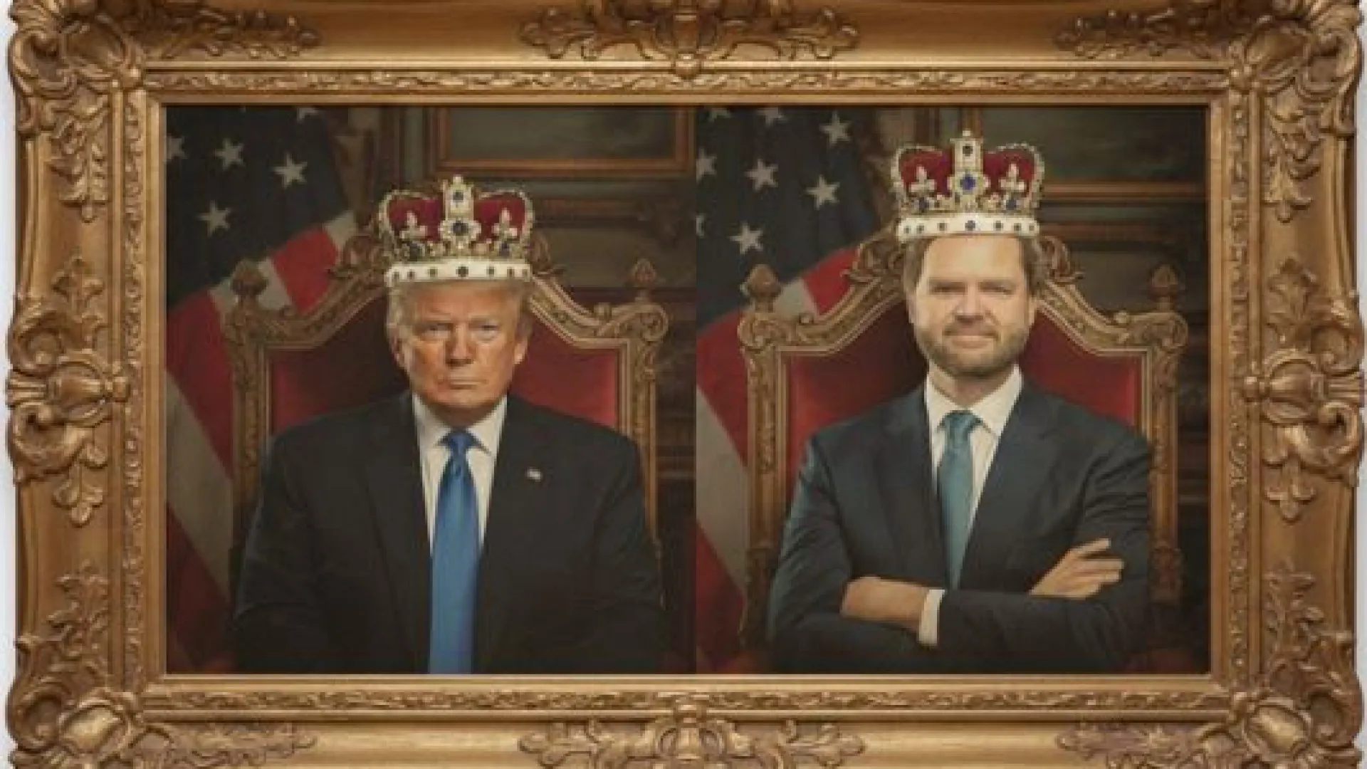 
                    Coroado e de espada na mão, Trump responde a protestos 'No Kings'
                