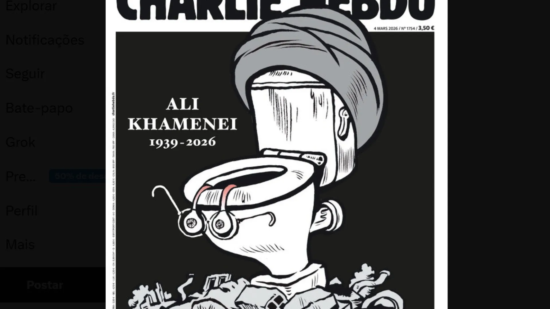 Charlie Hebdo dedica capa à morte de Khamenei com sanita e turbante