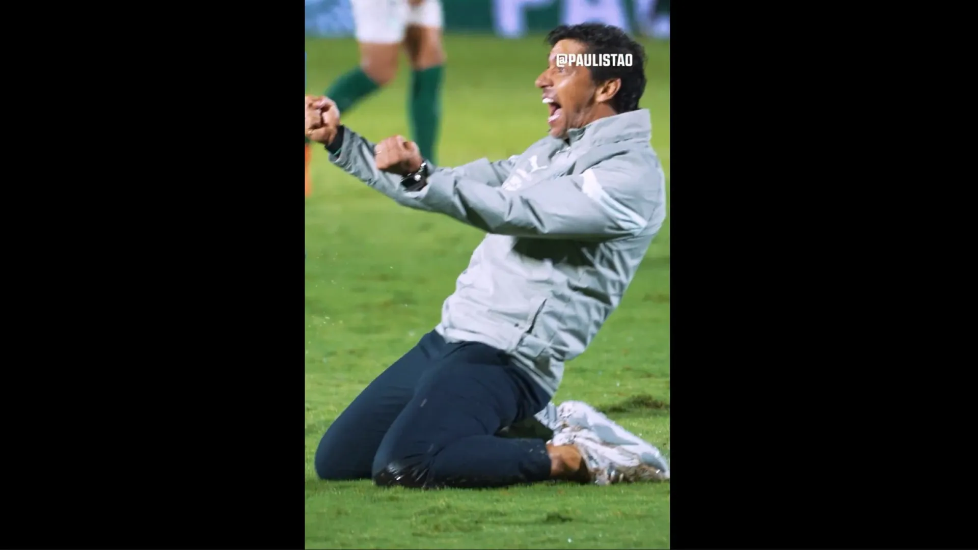 Até deslizou de joelhos. O festejo de Abel Ferreira após mais um título