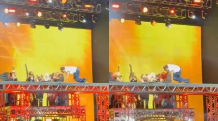 Vídeo. O momento em que Pedro Sampaio caiu em palco