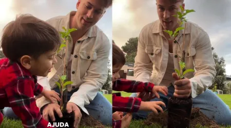 Adorável momento em família... David Carreira planta árvore com o filho