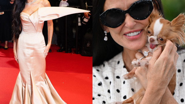 Demi Moore em Cannes: As imagens com o patudo e o vestido 'extravagante' 