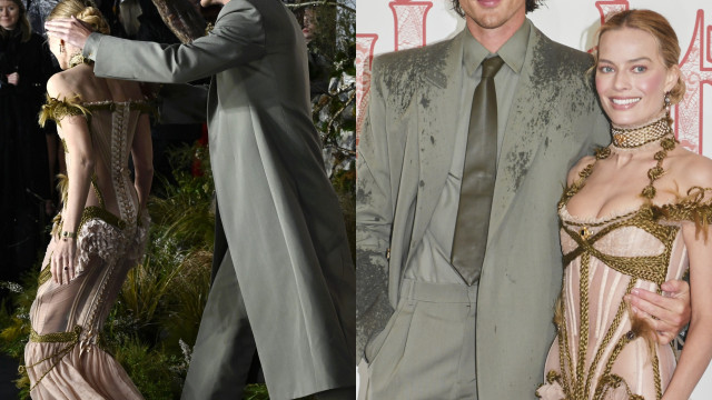 O momento em que Jacob Elordi tenta proteger Margot Robbie da chuva