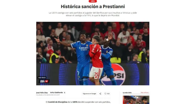 
                    Castigo da UEFA a Prestianni gera reações lá fora: 