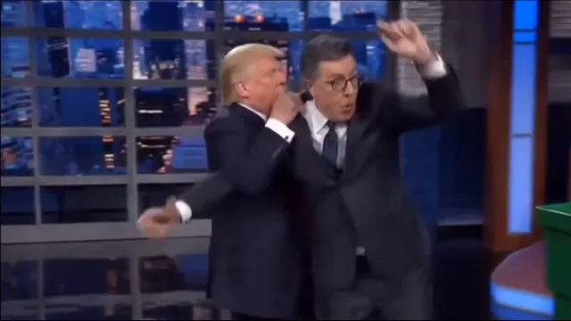 Trump publica vídeo de IA a atirar Stephen Colbert para o lixo e a dançar