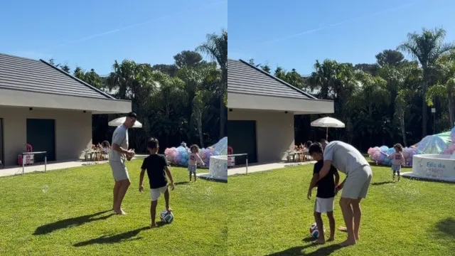 
                    Um pai dedicado: Cristiano Ronaldo ensina truques com a bola a Mateo
                