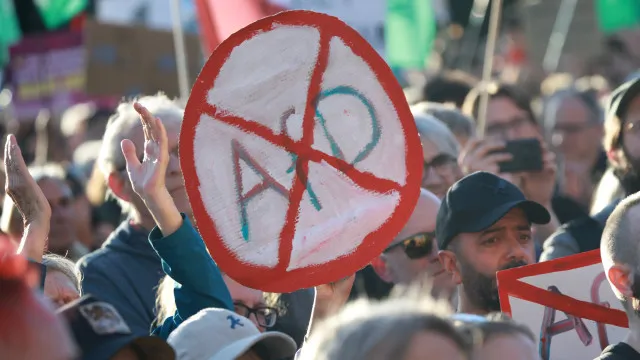 
                    Manifestantes pedem verificação constitucional da AfD antes de eleições
                