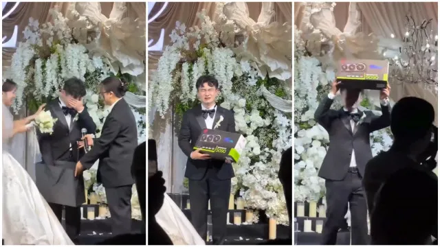 Noivo chora em casamento ao receber placa gráfica de 10 mil euros
