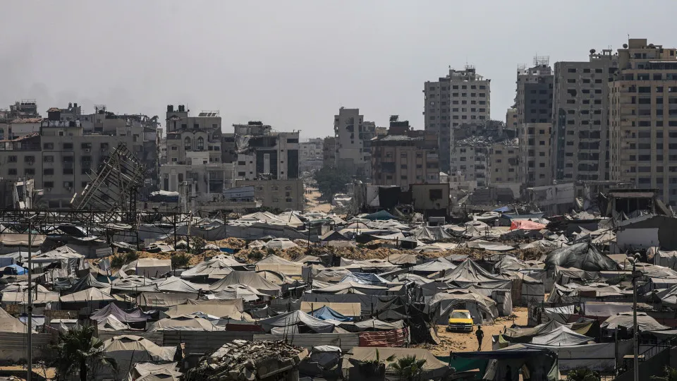 Displaced Palestinians live in tents after fleeing Gaza's north