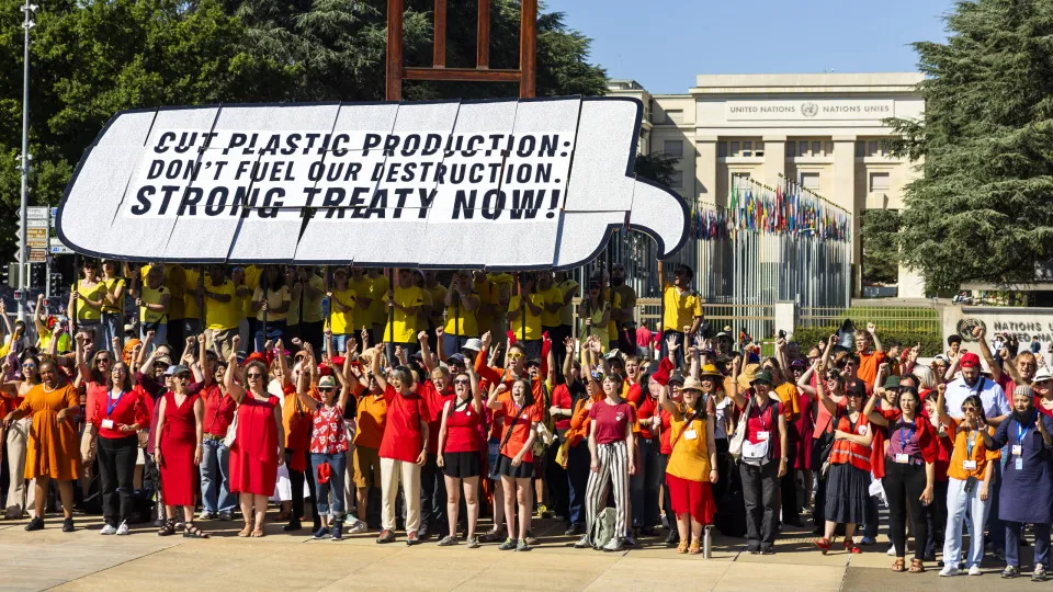 Protest outside the UN in Geneva ahead of Plastics Treaty negotiations