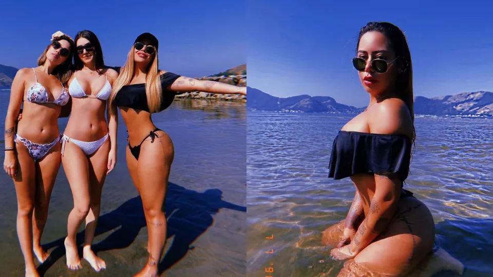 Irmã de Neymar sensualiza na praia com as amigas