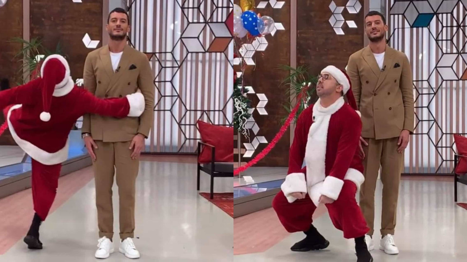 Vestido de Pai Natal, Flávio Furtado faz dança sensual para Ruben Rua