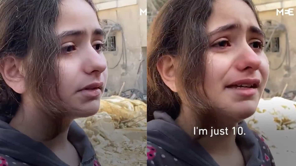 Criança palestiniana chora ao falar com jornalista. "Só tenho 10 anos"