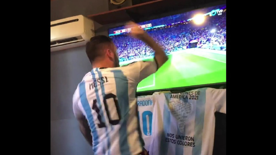 Adepto argentino festejou golo de Messi... e foi a televisão que sofreu