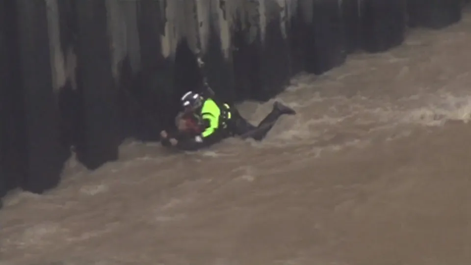 Homem resgatado por helicóptero após cair ao rio em Los Angeles