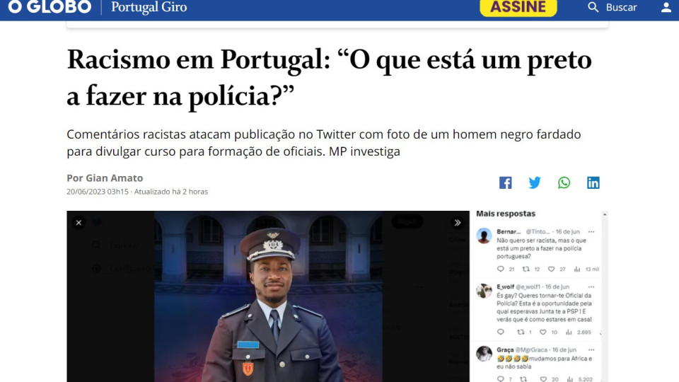 Comentários racistas nas redes sociais da PSP são notícia no Brasil