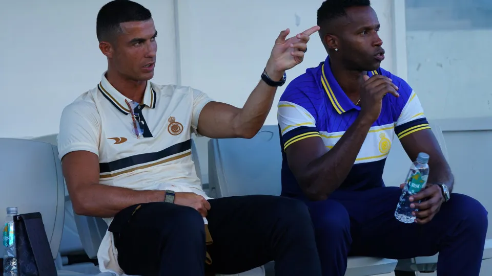 FARO, PORTUGAL - JULY 14:  Cristiano Ronaldo of Al Nassr with friend Jose Semedo of Al Nassr before the start of the Pre-Season Friendly match between Al Nassr and SC Farense at Estadio Algarve on July 14, 2023 in Faro, Portugal.  (Photo by Gualter Fatia/