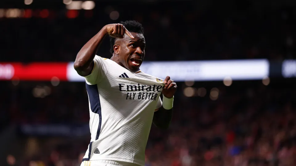 MADRID, SPAIN - JANUARY 18: Vinicius Junior of Real Madrid celebrates a goal scored by Joselu Mato during the Spanish Cup, Copa del Rey, football match played between Atletico de Madrid and Real Madrid at Civitas Metropolitano stadium on January 18, 2024 