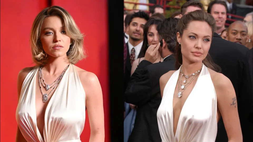 Sydney Sweeney brilha com vestido que Angelina Jolie usou há 20 anos