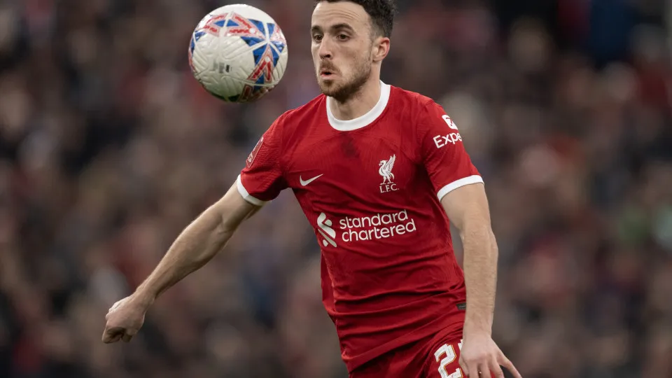 LIVERPOOL, ENGLAND - JANUARY 28: Diogo Jota of Liverpool in action during the Emirates FA Cup Fourth Round match between Liverpool and Norwich City at Anfield on January 28, 2024 in Liverpool, England. (Photo by Joe Prior/Visionhaus via Getty Images)