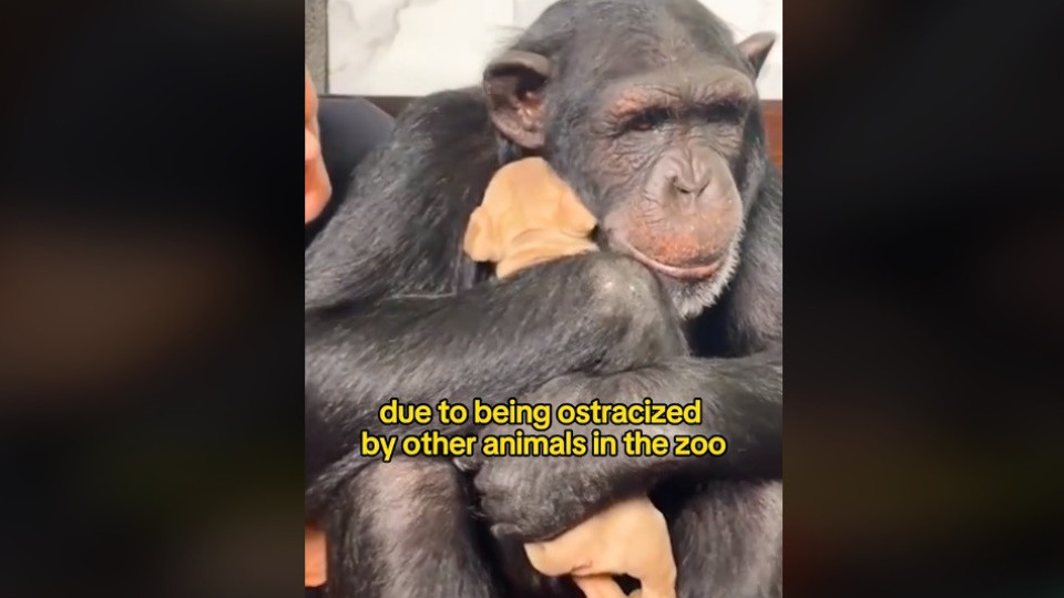 Chimpanzee reunites with dog that helped him overcome depression and hugs him