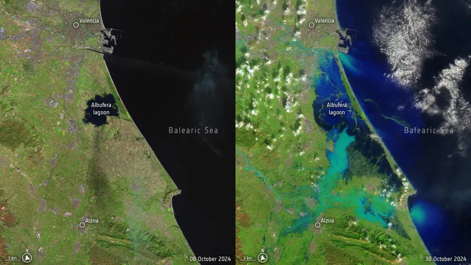 A devastação em Espanha vista do Espaço: o antes e depois do DANA