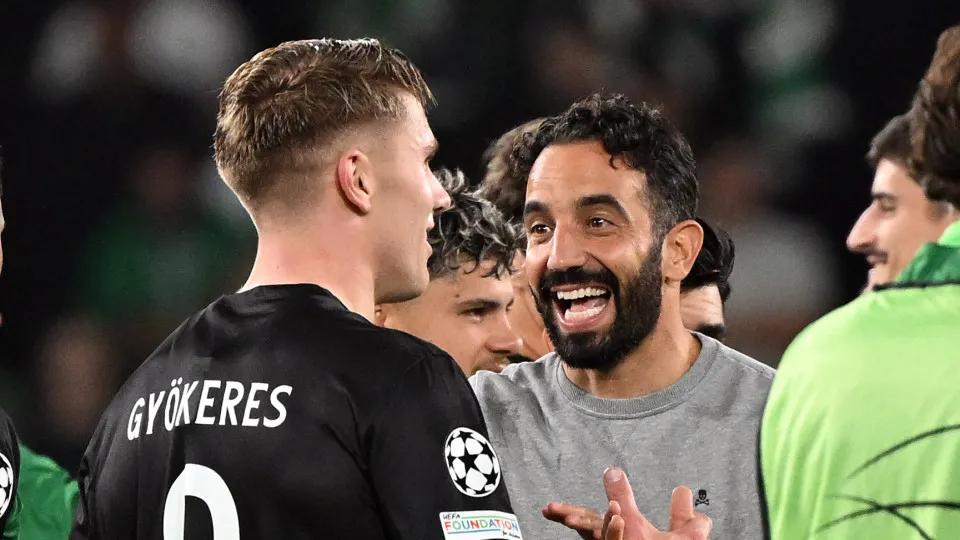 Sporting Lisbon manager Ruben Amorim and Viktor Gyokeres after the final whistle of the UEFA Champions League, league stage match at the Estadio Jose Alvalade, in Lisbon, Portugal. Picture date: Tuesday November 5, 2024. (Photo by Zed Jameson/PA Images vi