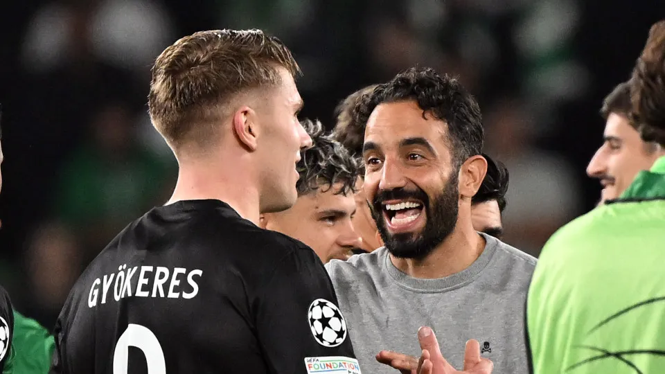 Sporting Lisbon manager Ruben Amorim and Viktor Gyokeres after the final whistle of the UEFA Champions League, league stage match at the Estadio Jose Alvalade, in Lisbon, Portugal. Picture date: Tuesday November 5, 2024. (Photo by Zed Jameson/PA Images vi