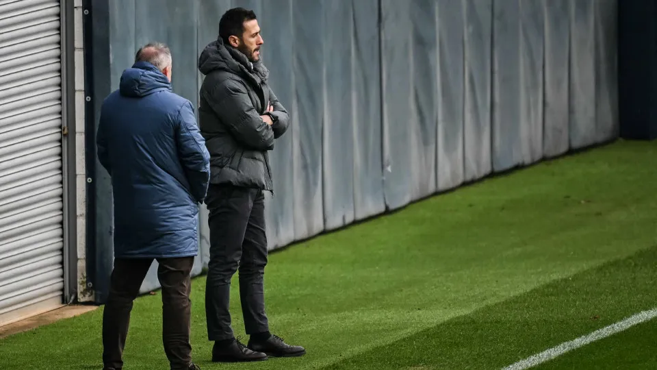 Manchester City's Portuguese sporting director Hugo Viana (R) attends a training session at Manchester City's training ground in Manchester, north-west England, on February 10, 2025, on the eve of their UEFA Champions League football match against Real Ma