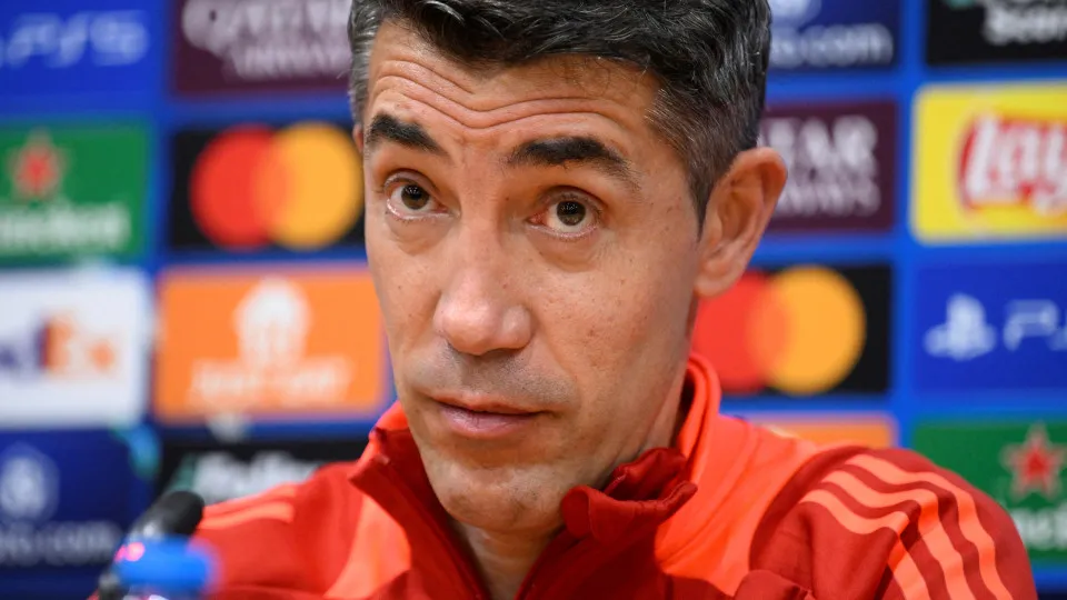 Benfica's Portuguese coach Bruno Lage gives a press conference on the eve of the UEFA Champions League Round of 16 second leg football match between FC Barcelona and SL Benfica at the Estadi Olimpic Lluis Companys in Barcelona, on March 10, 2025. (Photo b