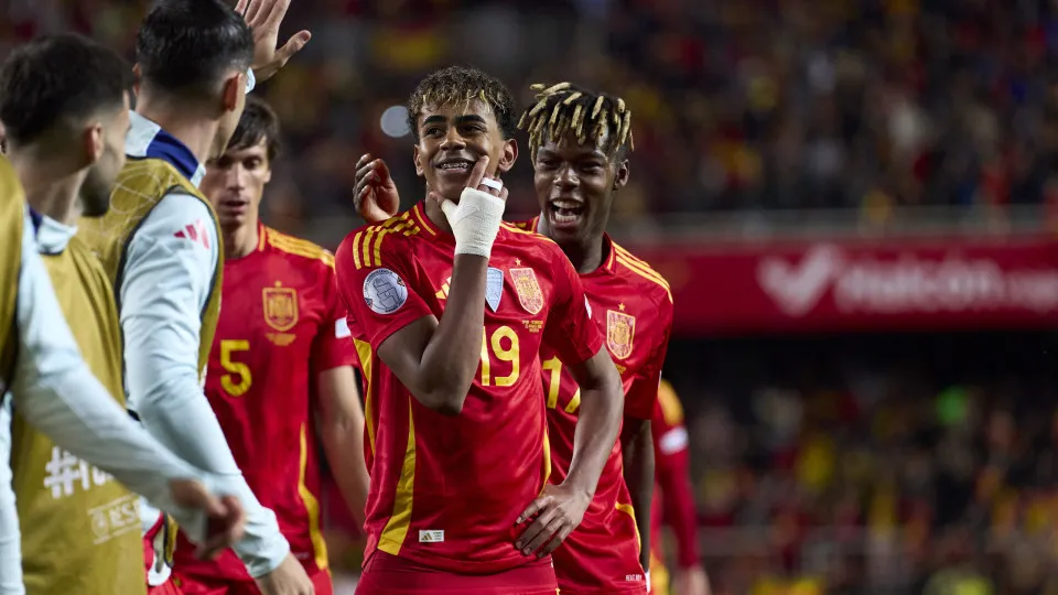 VALENCIA, SPAIN - MARCH 23: Lamine Yamal of Spain celebrates his team third goal during the UEFA Nations League Quarterfinal Leg One match between Spain and Netherlands at Estadio of Mestalla on March 23, 2025 in Valencia, Spain. (Photo by Diego Souto/Get
