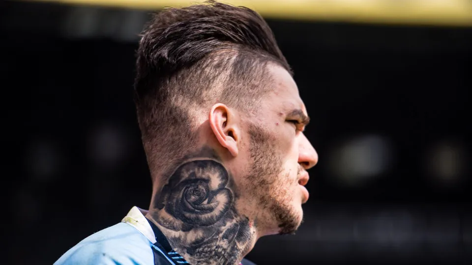 LONDON, ENGLAND - APRIL 14: Ederson of Manchester City and his neck tattoo during the Premier League match between Crystal Palace and Manchester City at Selhurst Park on April 14, 2019 in London, United Kingdom. (Photo by Sebastian Frej/MB Media/Getty Ima