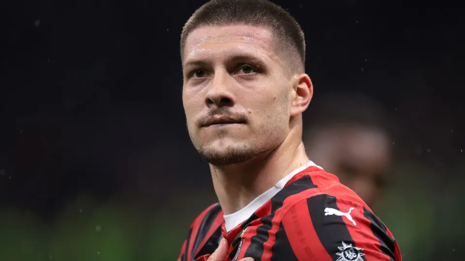 MILAN, ITALY - APRIL 23: Luka Jovic of AC Milan celebrates after scoring to give the side a 1-0 lead during the Coppa Italia Semi Final 2nd Leg match between FC  Internazionale and AC Milan at Stadio Giuseppe Meazza on April 23, 2025 in Milan, Italy. (Pho