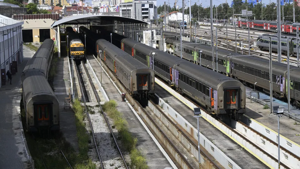 LISBON, PORTUGAL - MAY 07: Train formations are parked at the railway yard off Santa Apolonia train station on a first of a seven days national strike by railway workers that, according to CP Comboios de Portugal is causing major disruptions, on May 07, 2