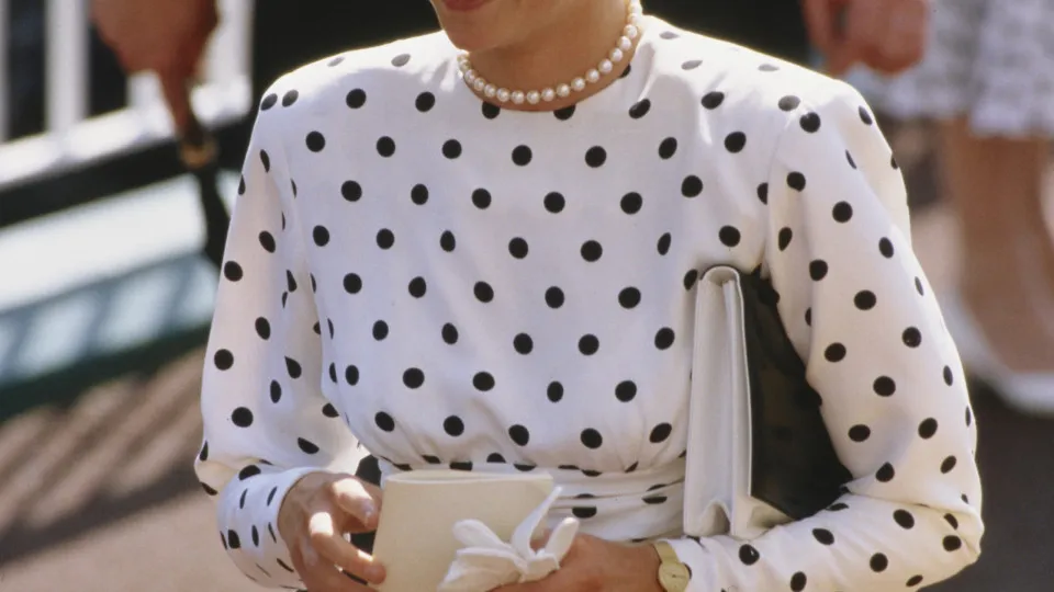 Diana, Princess of Wales  (1961 - 1997) attends the Ascot race meeting in England, wearing a black and white spotted dress by Victor Edelstein and a Philip Somerville hat, June 1988.  (Photo by Jayne Fincher/Princess Diana Archive/Getty Images)
