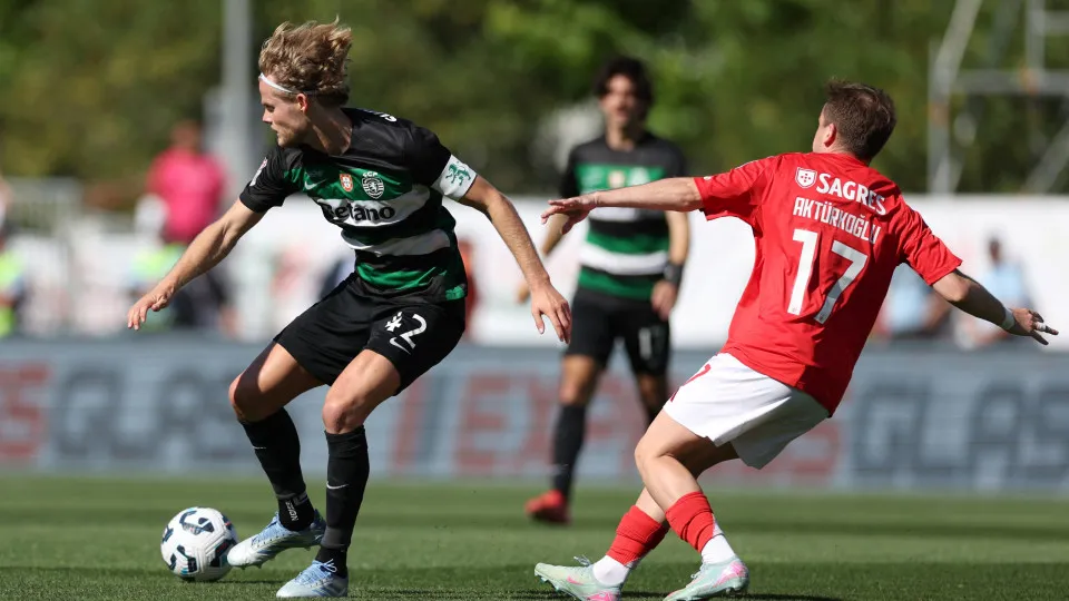 Sporting Lisbon's Danish midfielder #42 Morten Hjulmand fights for the ball with Benfica's Turkish midfielder #17 Muhammed Akturkoglu during the 'Taca de Portugal' (Portugal's Cup) final football match between SL Benfica and Sporting CP at Jamor stadium i
