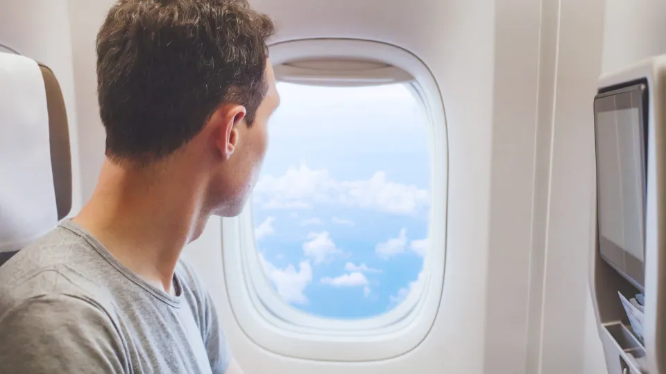 avião, janela, homem