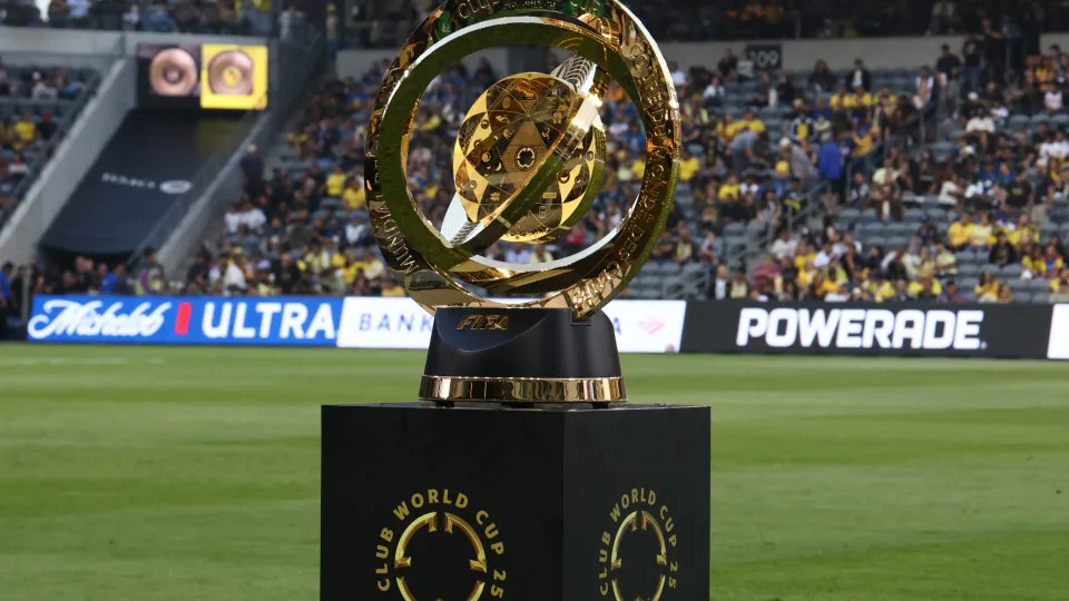 LOS ANGELES, CALIFORNIA - MAY 31:  The trophy is displayed prior to the FIFA Club World Cup 2025 Play-In match between Los Angeles Football Club and Club America at BMO Stadium on May 31, 2025 in Los Angeles, California. (Photo by Jessie Alcheh/Getty Imag