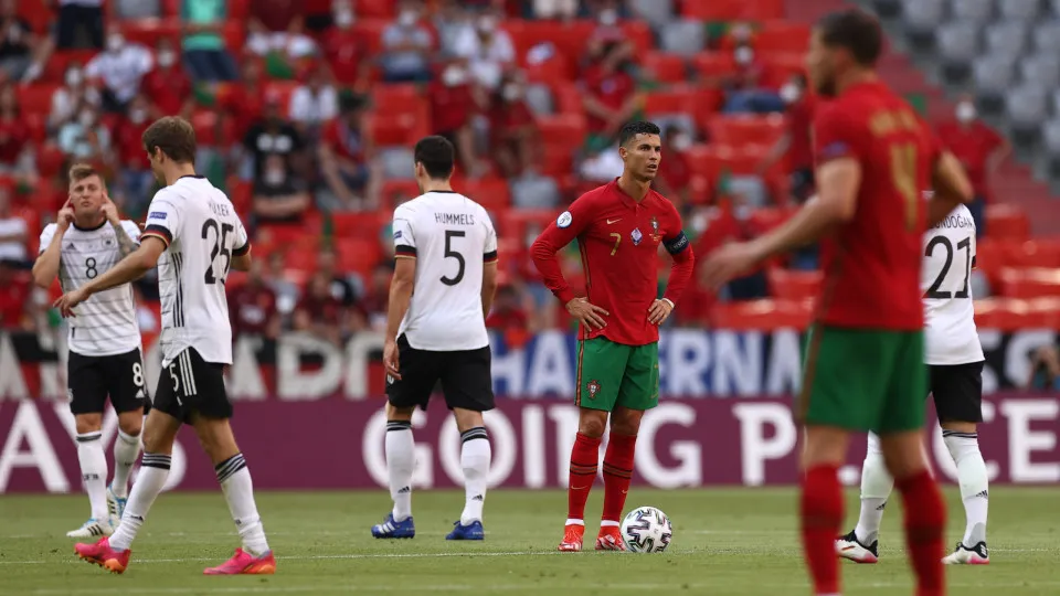 19 June 2021, Bavaria, Munich: Football: European Championship, Portugal - Germany, preliminary round, Group F, 2nd matchday at the EM Arena in Munich. Portugal's Cristiano Ronaldo (4th from left) reacts. Photo: Christian Charisius/dpa (Photo by Christian