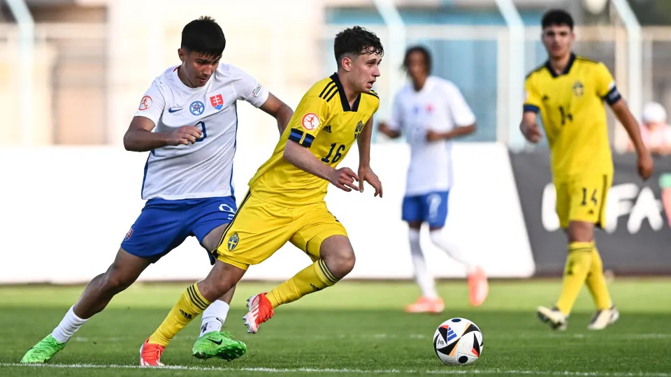 PARALIMNI, CYPRUS - MAY 21: Kenan Busuladzic of Sweden in action against Denis Valko of Slovakia during the UEFA European Under-17 Championship 2023/2024 Group C match between Slovakia and Sweden at Paralimni Municipal on May 21, 2024 in Paralimni, Cyprus