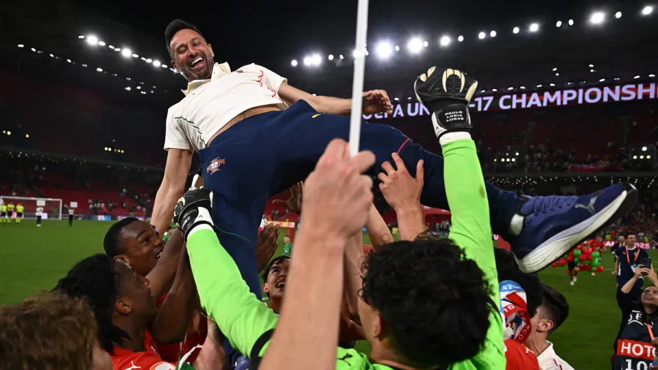 TIRANA, ALBANIA - JUNE 01: Bino, Manager of Portugal, is lifted in celebration following victory in the UEFA European Under-17 Championship 2024/25 final match between Portugal and France at Arena Kombetare on June 01, 2025 in Tirana, Albania. (Photo by B