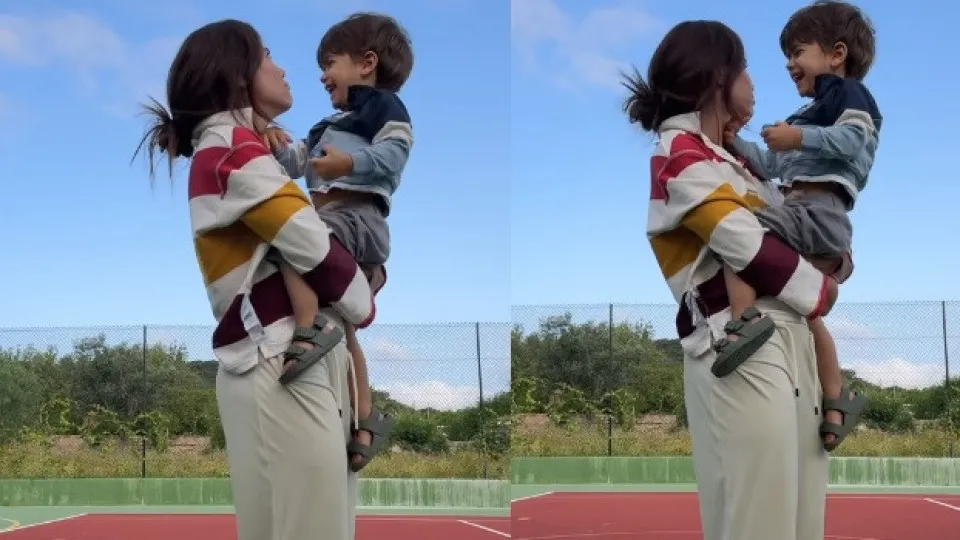 Carolina Carvalho com o filho Lucas