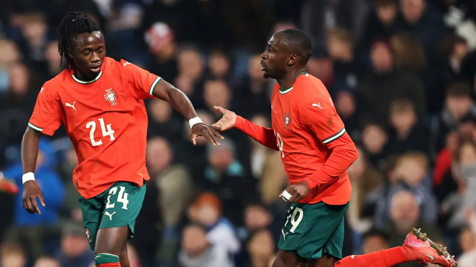 WEST BROMWICH, ENGLAND - MARCH 24: Carlos Forbs of Portugal (R) celebrates after scoring his team's second goal during the Men's U21 international match between England and Portugal at The Hawthorns on March 24, 2025 in West Bromwich, England. (Photo by J
