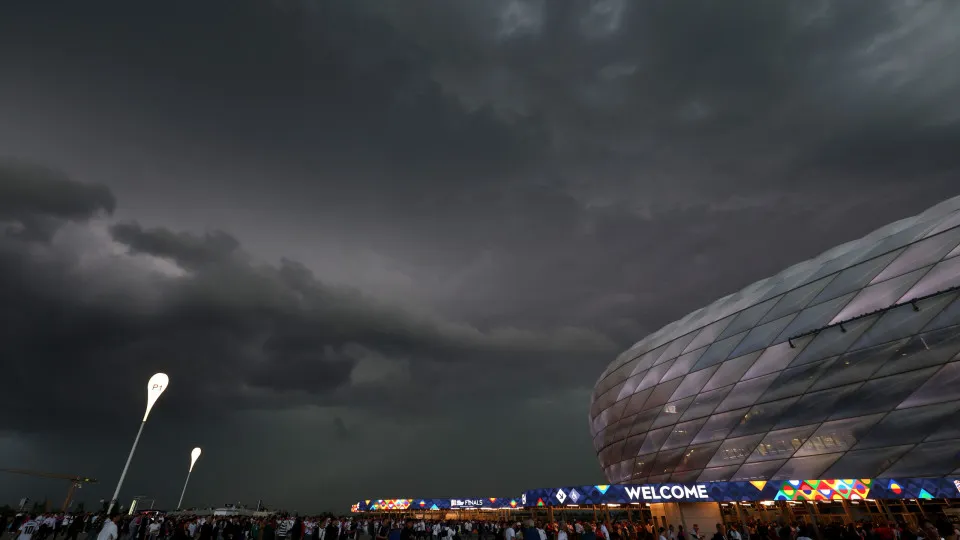 MUNICH, GERMANY - JUNE 04: General view outside the stadium, as dark clouds are seen in the sky prior to the UEFA Nations League 2025 semifinal match between Germany and Portugal at Munich Football Arena on June 04, 2025 in Munich, Germany. (Photo by Alex