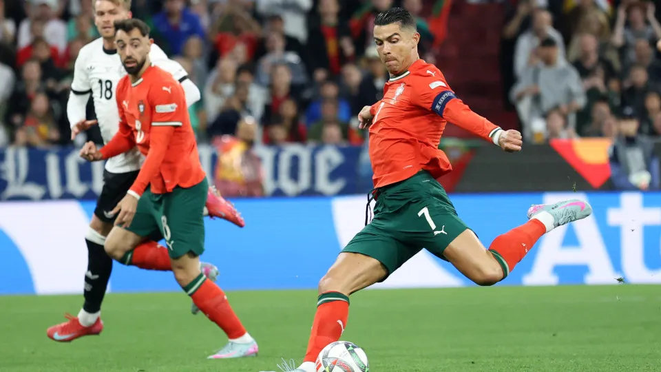 MUNICH, GERMANY - JUNE 04: Cristiano Ronaldo of Portugal prepares to shoot during the UEFA Nations League 2025 semifinal match between Germany and Portugal at Munich Football Arena on June 04, 2025 in Munich, Germany. (Photo by Maja Hitij - UEFA/UEFA via 