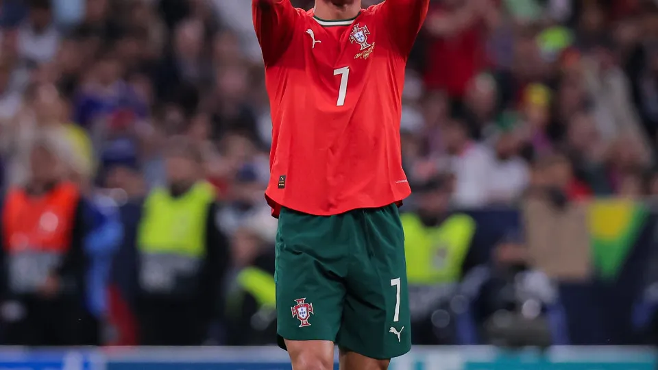 MUNICH, GERMANY - JUNE 04: Cristiano Ronaldo of Portugal reacts during the UEFA Nations League 2025 semifinal match between Germany and Portugal at Munich Football Arena on June 04, 2025 in Munich, Germany. (Photo by Vasile Mihai-Antonio/Getty Images)