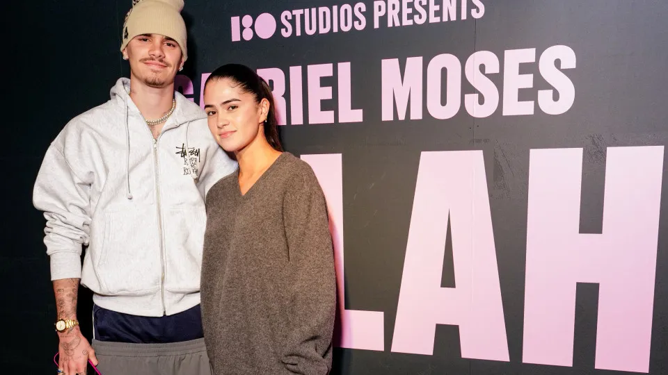 LONDON, ENGLAND - MARCH 27: Romeo Beckham and Kim Turnbull attend the Gabriel Moses: Selah Opening Reception at 180 Studios on March 27, 2025 in London, England. (Photo by Dave Benett/Getty Images for 180 Studios)