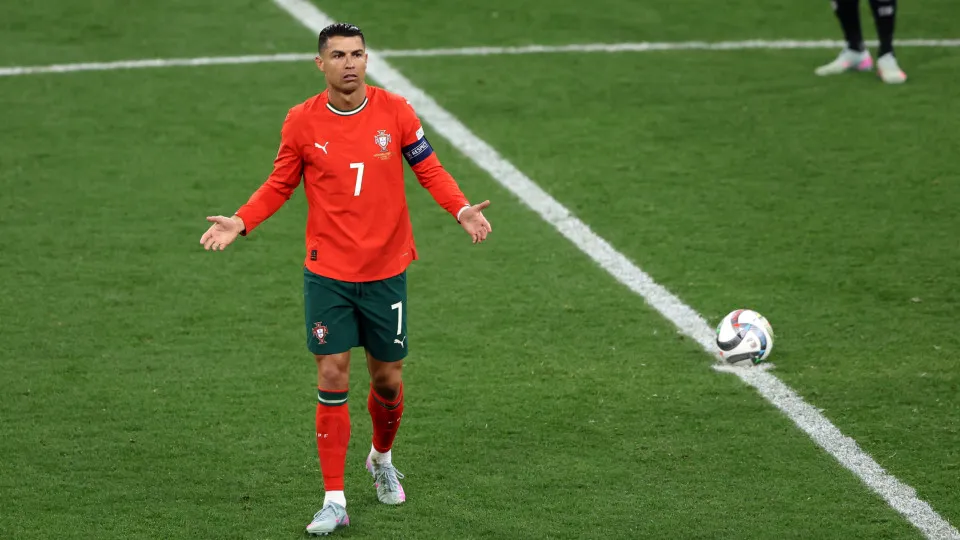 MUNICH, GERMANY - JUNE 04: Cristiano Ronaldo of Portugal gestures during the UEFA Nations League 2025 semifinal match between Germany and Portugal at Munich Football Arena on June 04, 2025 in Munich, Germany. (Photo by Maryam Majd/Getty Images)